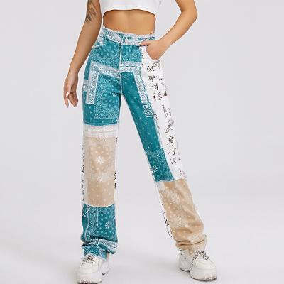 China Paisley Straight Denim High Waisted Breathable Patchwork Jeans For Women - New Fall 2021 for sale