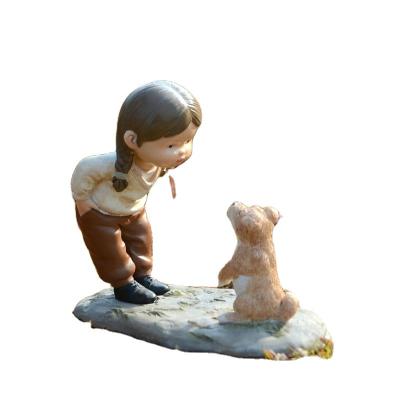 China Z16004A Europe resin design handwork lovely new ornaments village girl with happy dog ​​scene resin ornaments for sale