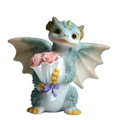 China Desktop Decoration Mini Dragon Rex The Blue Dragon of Europe Z14071 with Flower Fantasy Collectible Figure for sale