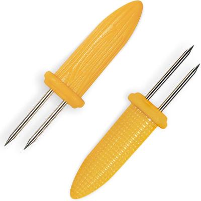 China Easily Cleaned Mini Corn Cob Holder Fork BBQ Accessories SST BBQ Fork Fruit Fork With Plastic Handle for sale