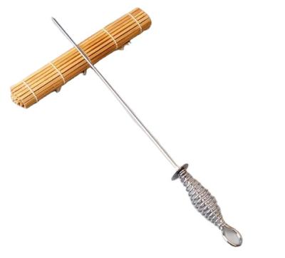 China Easily Cleaned Metal BBQ Spits Stainless Steel Meat Stick BBQ Kebab Skewer with Spring Handle for sale