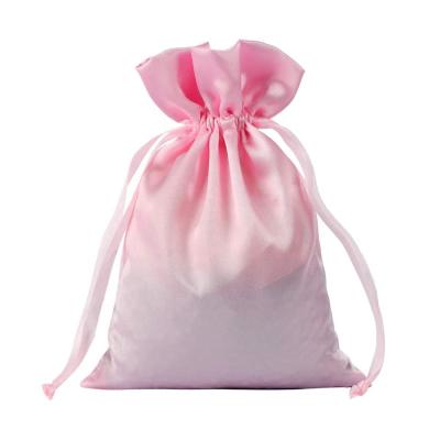 China Custom Logo Large Smoothly Silk Satin Gift Hair Bag Wigs Packaging Drawstring Gift Pink Satin Bag For Hair Extension Wig for sale