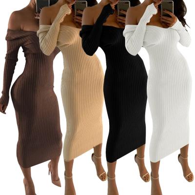 China Anti-wrinkle Deep V-Neckline Full Sleeve Knitted Long Midi Dress For Women's 2022 Summer Fashion Solid Color Dress Dress for sale