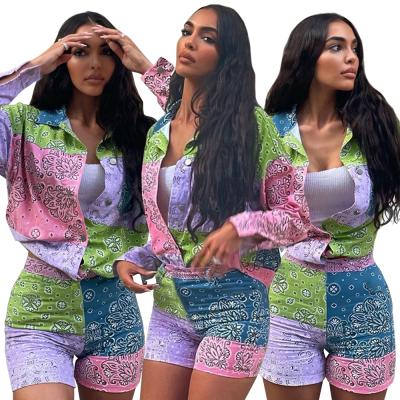 China 2021 Summer New Arrival QUICK DRY Cardigan Autumn Paisley Print Color Contrast Two Piece Set for sale