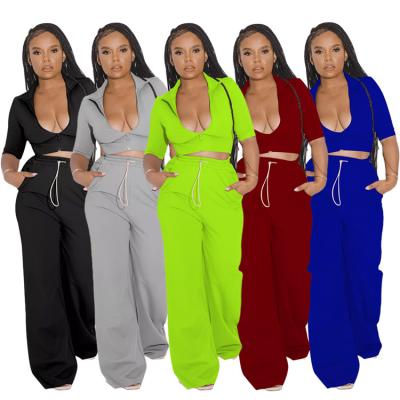 China Anti-Wrinkle Plus Size Ladies Tracksuit Workout Zipper Tops Women Clothing Autumn Wide Leg Two Piece Sets for sale