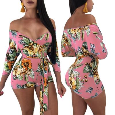 China QS-3394 Anti-wrinkle elegant floral including belt club jumpsuit shorts off the shoulder jumpsuit rompers women for sale