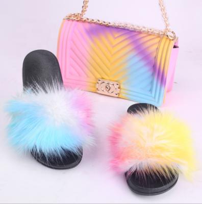 China Hot Sale Anti-Smell Faux Fur Slippers Slipper With Jelly Purse Set for sale