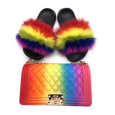 China Anti-slippery furry rainbow set wholesale real fox silicone jelly fur purse women fluffy slippers sandals fur slides and matching purse for sale