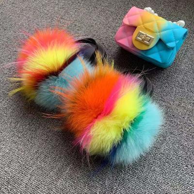 China 2021 Fox Kids Baby Fur Slippers Breathable Multicolor Real Genuine Super Soft Fur Slides And Purse Set for sale