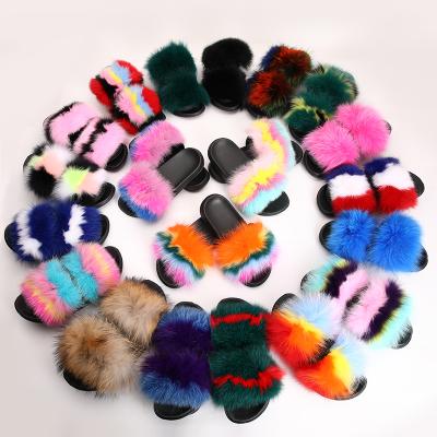 China Fashion Trend Fur Slides For Women REAL BIG FURRY Slippers Flush Outdoor Soft Raccoon Slider Sandals Fox Fur Slipper for sale