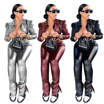 China 2021 New Design Winter Anti-wrinkle S-XXXL Solid Color PU Casual Jacket Pants Leather 2 Pieces Set Women for sale