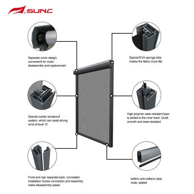 Китай SUNC моторизовало на открытом воздухе сетку экрана патио шторок Ziptrack шторок ролика Retractable продается