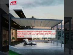 Waterproof Aluminium Pergola Retractable Roof Pergola with LED Light Strips and PVC Sail Finishing