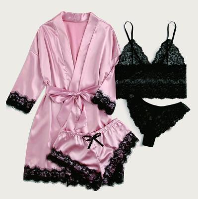 China Breathable Plus Size Sleepwear Trim Satin Underwear Floral Pajamas Set Lingerie With Bra And Robe Lace Panties Four Piece Women Pajama Sets for sale