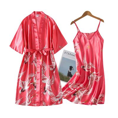 China Women's Two-Piece Underwear Long Suspender Cardigan Pajamas Sleepwear Ice Silk Breathable Bridal Bridesmaid Home Wedding Nightgown for sale