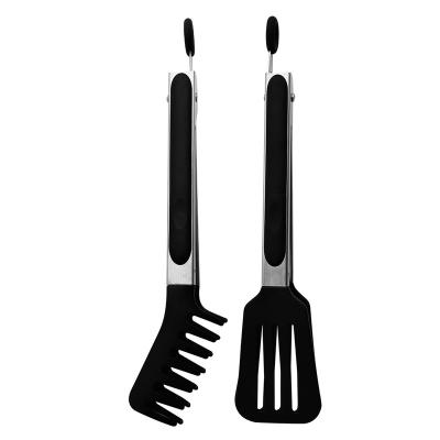 China 2 Pack Sustainable Kitchen Tongs Black Stainless Steel BBQ Cooking Grilling Locking Food Tongs for sale