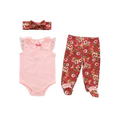 China Custom Printed 100% Cotton Baby Girl Clothes Newborn Baby Clothes Infant Romper With Ruffled Headband Hot Sale for sale