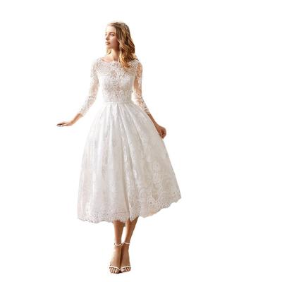 China Anti-Static Short Wedding Party Dresses White For Women Long Sleeve Lace Appliques Bridal Princess Cute Boho Dress Robe for sale