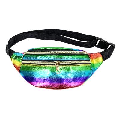 China Water Proof Causal Unisex Waist Packs Laser Gradient Ladies Waist Bag Colorful Zipper Adjust Fanny Pack Rainbow PU Female Leather Bag for sale