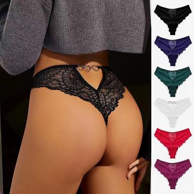 China Anti-Bacterial Oem ribbon heart chain metallic girl T-back Buttock lift High-fork low-rise Ladies T-string panties hollow out Women lace thong for sale