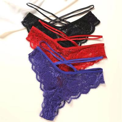 China Anti-Bacterial Oem Women Bikini Thongs and G String low-rise Cross Thin Belt  Girl Briefs Ladies Underwear hollow out Lace thong Panties for sale