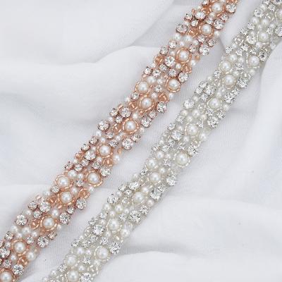 China Flatback (10 yards) Wholesale rhinestone pearl applique trim iron on sew on for wedding dress WDD1062 for sale