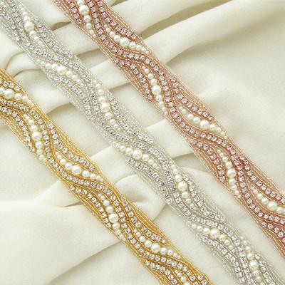 China Flatback (10 YARDS) Wholesale hand beaded sewing bridal rhinestone pearl applique trim iron on for wedding dress sash WDD0047 for sale