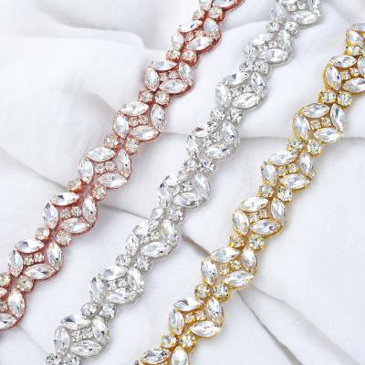 China Flatback (10 Yards) Wholesale hand sewn silver crystal rhinestone applique trim gold iron on sew on for wedding dress WDD1248 for sale