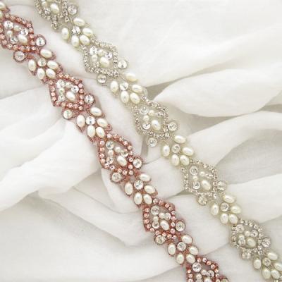 China Flatback (10 YARDS) Wholesale pearl bridal rhinestone applique beaded crystal trim iron on for wedding dress WDD1004 for sale