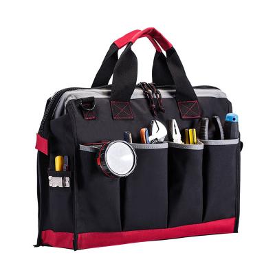 China 16-inch tool bag with 25 pockets, wide mouth tool storage bag with adjustable shoulder strap and extra bottom base GJ016 for sale