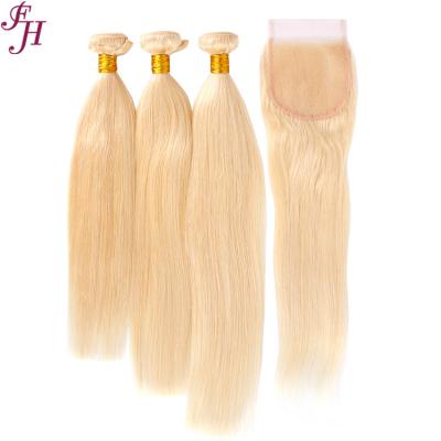 China Wholesale 613 Silky Straight FH Indian Virgin Hair Bundles 4x4 Loose Remy Blonde Hair Bundles Closure With 3 Silky Bundles for sale