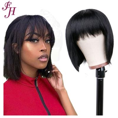 China Wholesale FH Factory Price Quality Soft Thick Straight Barely Shedding Hair No Lace Up Bob Wig With Bang Black Machine Made for sale