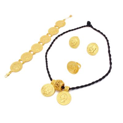 China CLASSIC Copper Plated Ring Earring Set Bride Wedding Jewelry Coin Necklace Bracelet Set Yellow Gold for sale