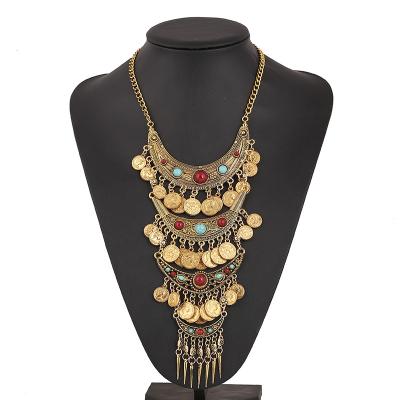 China Retro Style Tassel Necklace Bohemian Indian National Multilayer Accessories Exaggerated Turquoise Necklace for sale