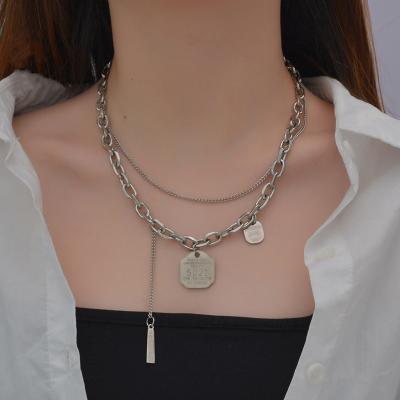 China Disco Double Layer Disco Hip Hop Personality Hiphop Necklace Clavicle Chain Digital Pendant Neck Women's Titanium Steel Necklace for sale