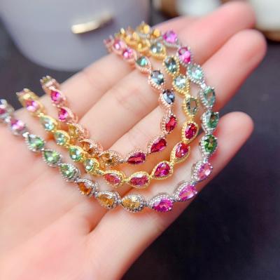 China S925 18k Gold Inlaid Silver Plated Trendy Candy Romantic Iridescent Imitation Tourmaline Natural Bangle Bracelet for sale