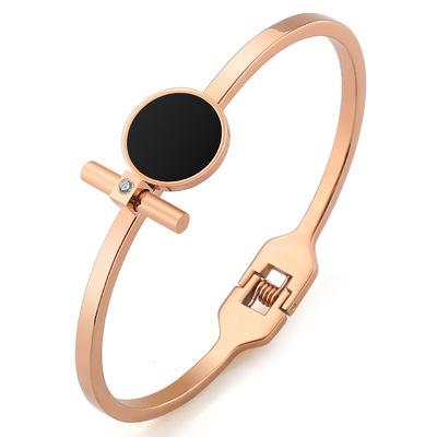 China European and American fashion stainless steel round cake black diamond casual/sporty titanium steel open spring rose gold bracelet for sale