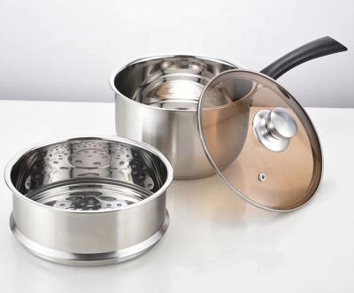 China Sustainable Kitchenware Stainless Steel Pan Silver Kitchen Metal Oem Customized Cookware Set Glass Milk Pot for sale