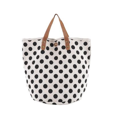 China Lady College Students Short PU Handle Black Polka Dot Print Canvas Tote Shopping Bag Blue for sale