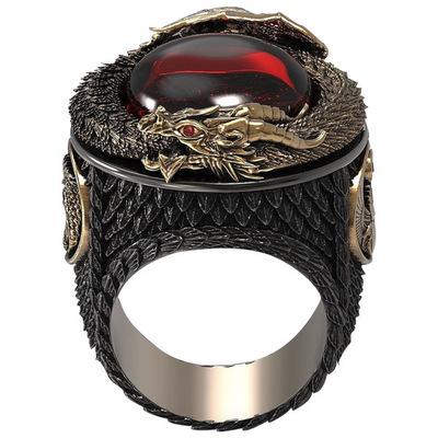 China Vintage XM20038 Environmentally Friendly Two Tone Bossy Dragon Ring Inlaid Gemstone Carved Ring for sale