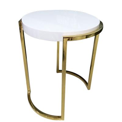 China Round white Stone top polished gold finish metal frame coffee table/side table for hotel bedrooom and living room for sale