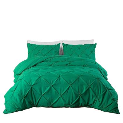 China Emerald Green Folded 3 Piece Pintuck Pinch Pleat Bedding Comforter Set for sale