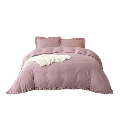 China Disposable Soft Microfiber Lightweight Ruffled Pink Bedding Comforter Cover Set for sale