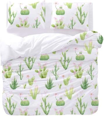 China Folded bedding comforter set green cactus with pink floral flowers printed on white for sale