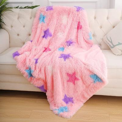 China Folded Faux Fur Throw Blanket, Shaggy Stars Pattern Fuzzy Super Soft Lightweight Blanket, 30