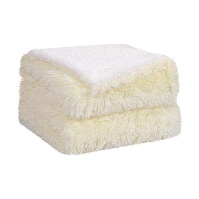 China Faux Fur Queen Size Pale Yellow Soft Warm Reversible Sherpa Folded Blanket Blanket for sale