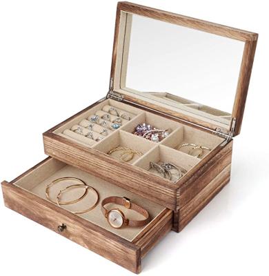 China Handmade Jewelry Organizer Box Two Layer Jewelry Case For Women Wooden Showcase With Mirror& Ring Tray Vintage Style Weathered Gray for sale