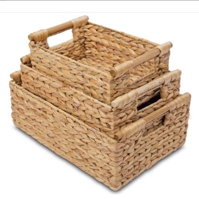 China Sustainable Water Hyacinth Storage Baskets Rectangular with Wooden Handles for Shelves, Natural Wicker Storage Basket Bins for sale