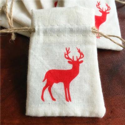 China Customized Wholesale Eco-friendly Elk Printed Eco Cotton Christmas Drawstring Small Gift Bag for sale