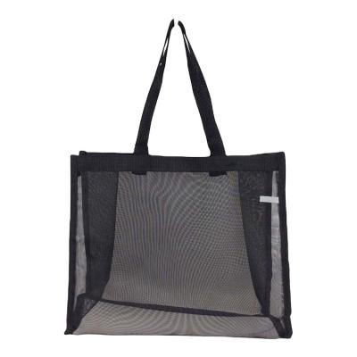 China 100% Eco-friendly Fashion Foldable Storage PP Webbing Handle Black Travel Polyester Mesh Shopping Tote Bag With Zipper for sale